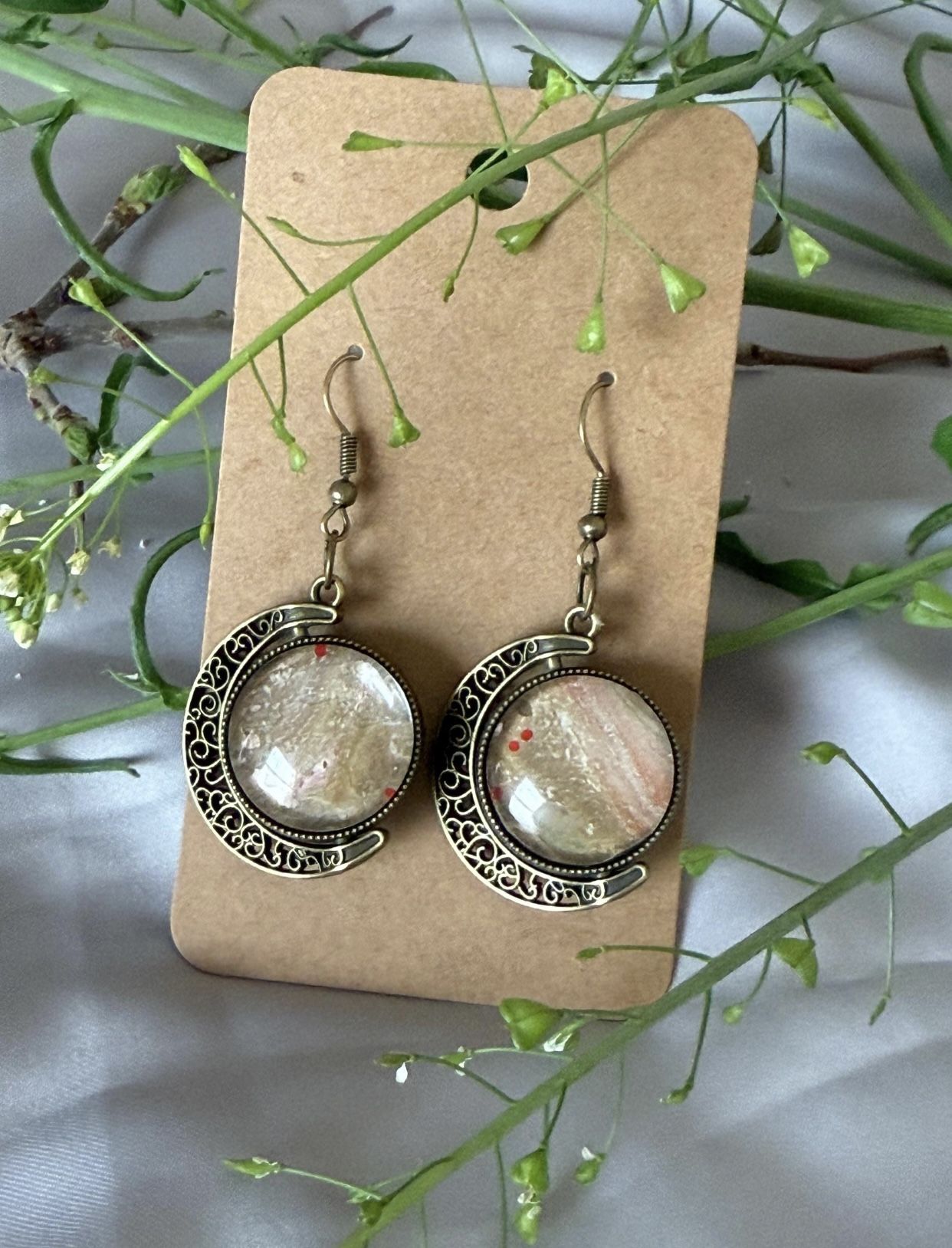 Vintage Style Moon Dangle Earrings: Bronze Marble Effect Boho Jewelry