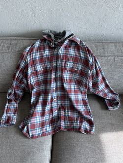 American Eagle Flannel Hoodie Shirt Red Blue White Gray Hood Large