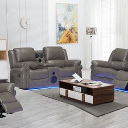 New Grey LED Sofa And Loveseats Recliners Bluetooth Speakers/cup holders K Furniture And More 