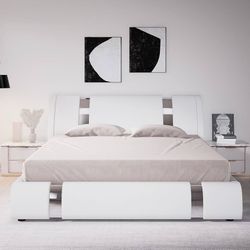 King Size Bed Frame with Iron Piece Decor, Faux Leather Upholstered Platform Bed with Curved Adjustable Headboard, Wooden Slats Support, No Box Spring
