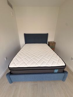 Blue Upholstered Bed Frame with Sleepmax Mattress