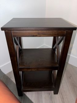 Wood End Table with Storage Shelves – Good Condition