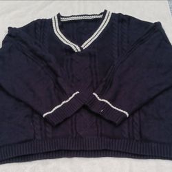 Navy Cable Knit V-Neck Sweater Size XL