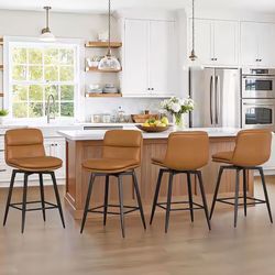 26"H Faux Leather Double-layer Swivel Bar Stool, Brown (Set of 4)