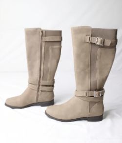 Just Fab  Women Round Toe Mid Calf Boots Side Zipper Wide Calf Boots Double Straps Flat Casual Daily Outfit Shoes