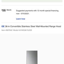 New GE 36-in Convertible SSWall-Mounted Range Hood