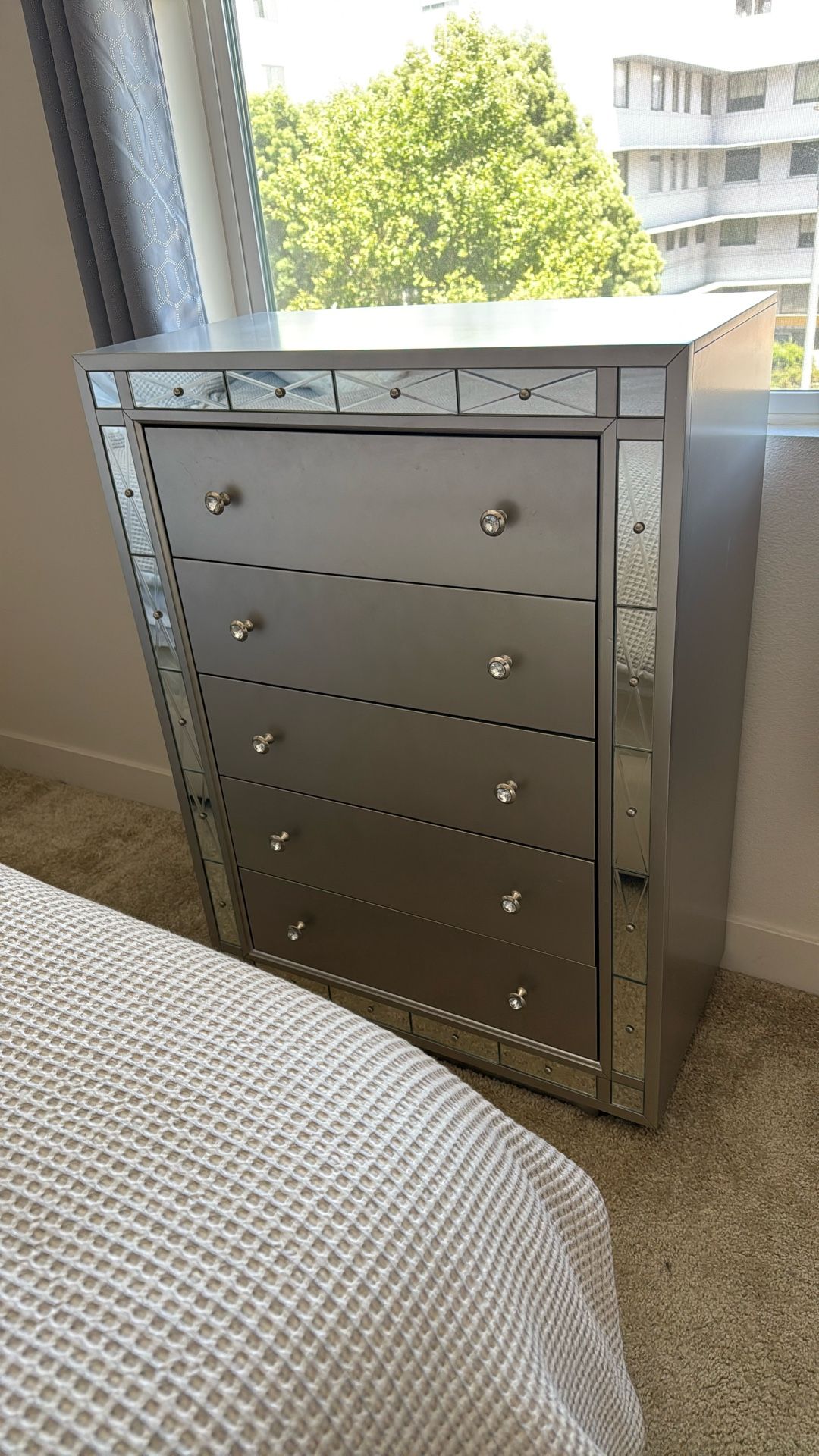 Silver Mirror Trim Dresser - 5 Drawers
