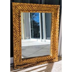 Mid Century Large 25x31 Carved Gilt Wood Framed Mirror Wall Decor, Gold