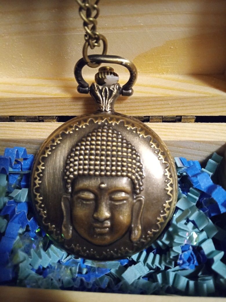 ", RELIGIOUS BUDDHA" POCKET WATCH--WOODEN BOX INCLUDED