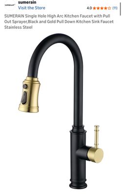SUMERAIN Single Hole High Arc Kitchen Faucet with Pull Out Sprayer,Black and Gold Pull Down Kitchen Sink Faucet Stainless Steel