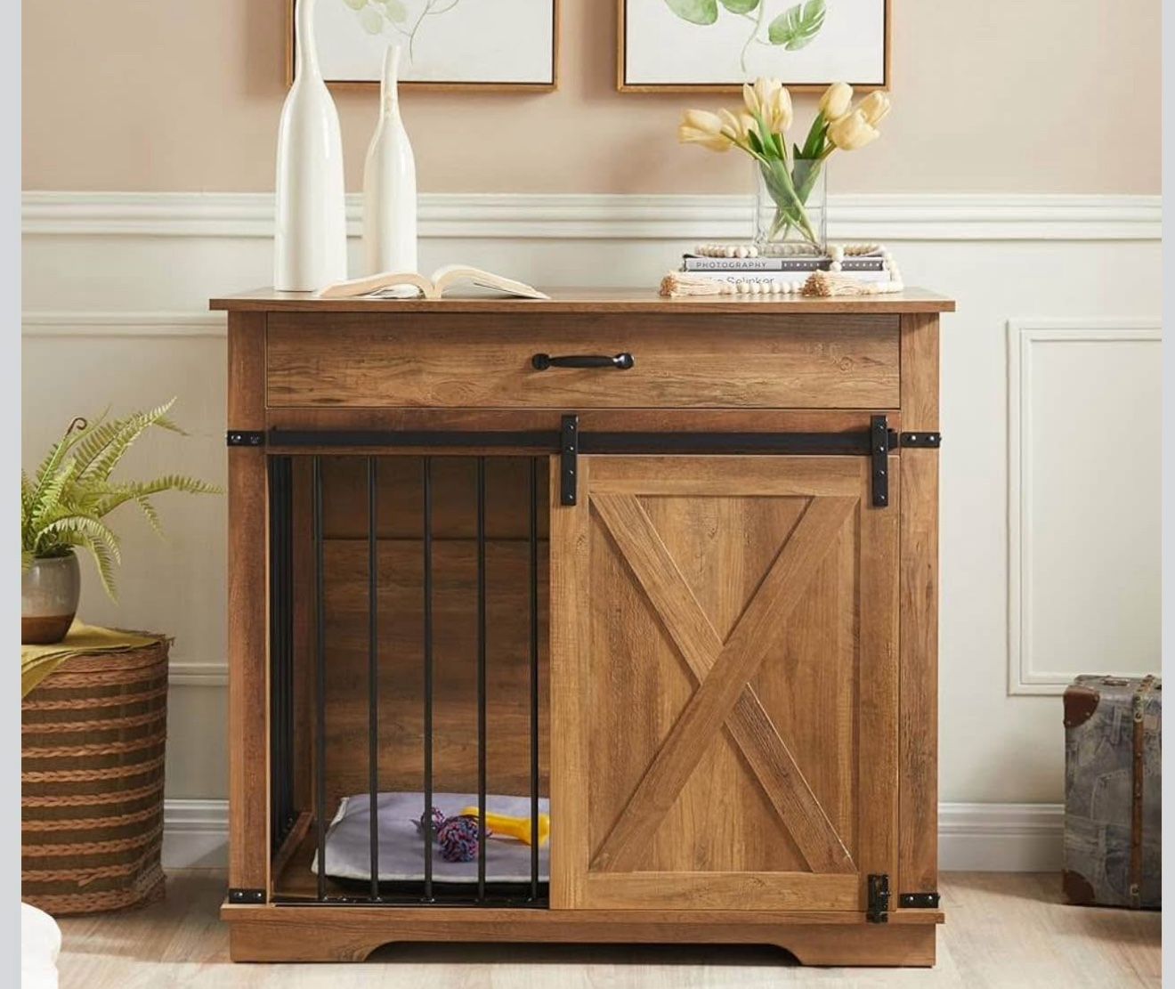 Dog Crate Furniture - Indoor Wooden Dog Kennel Furniture with Sliding Barn Door and Storage Drawer, Rustic Oak