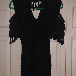 SEXY, BLACK, COLD SHOULDER DRESS WITH TASSELS 