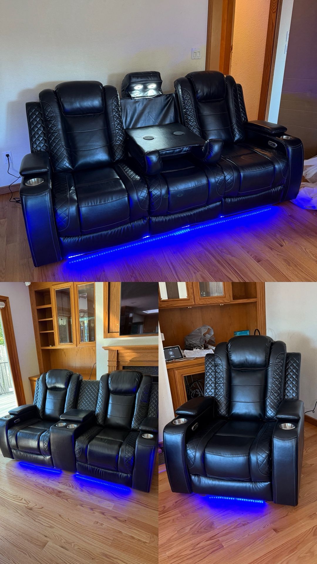 Black Leather Power Reclining Couch Set 3 Pieces