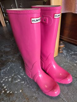 ☔WOMENS GLOSSY PINK HUNTER RAIN BOOTS TALL-Size 7.5-Great Shape!