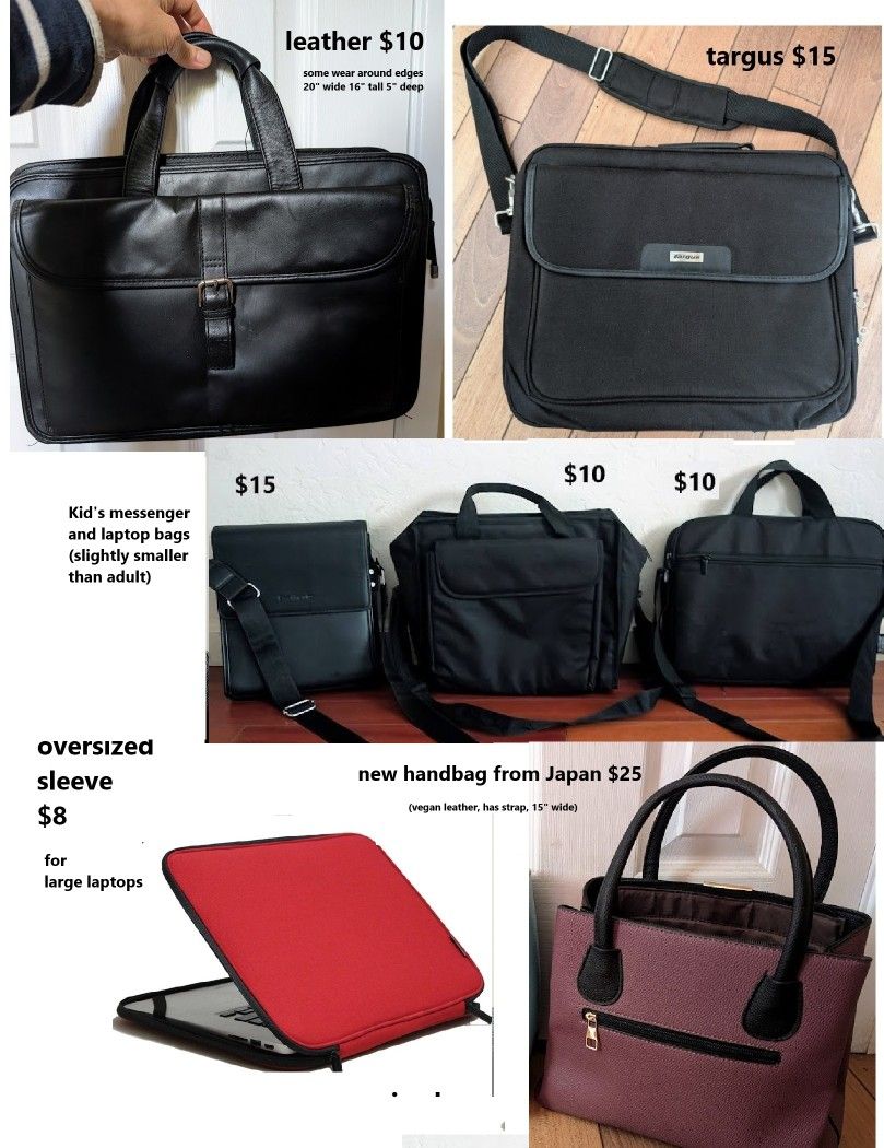 laptop bag briefcase bookbag ($5 to $40 each) leather, messenger, lightweight, child/kid, rolling luggage on wheels
