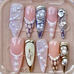 Luxury Pearl Chrome Press-On Nails | Bridal-Inspired Elegant Set 