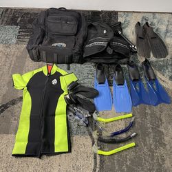 Scuba Gear Lot Scubapro Fins Wetsuit Tubby Dive Bag Goggles