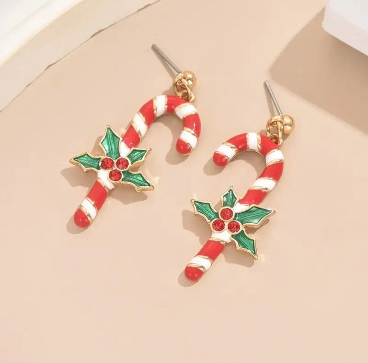 "Festive Holly Candy Cane Drop Earrings"