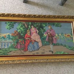 Vtg Victorian Needlepoint - 24x40 Framed - Made In Budapest