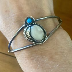 Native American Mother Of Pearl & Turquoise Cuff Bracelet 6.5”