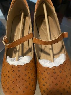 Tan Mary Jane Flats with Cutout Detail