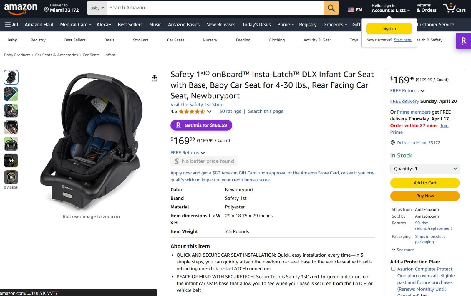 Safety 1st onBoard Insta Latch DLX Infant Car Seat Newburyport