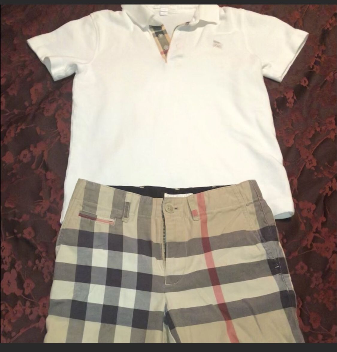 White Burberry Polo & Plaid Shorts Outfit For Boys