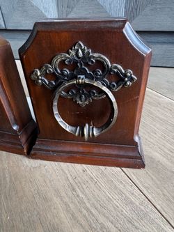 Vintage Solid Wood Bookends with Ornate Brass Ring Pulls