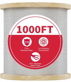 1000FT 3/16 Stainless Steel Cable for Deck Railings System 7 x 19 Strand Construction Aircraft Cable for Rail Deck and DIY Balustrade
