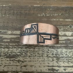 WIDE COPPER CUFF SOUTHWESTERN BRACELET/NIELLO & STAMPED SCALLOPED DESIGN MARKED