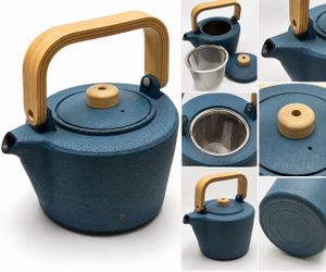 Blue Cast Iron Teapot with Bamboo Handle