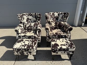Pair of Cow Print Armchairs with Ottomans