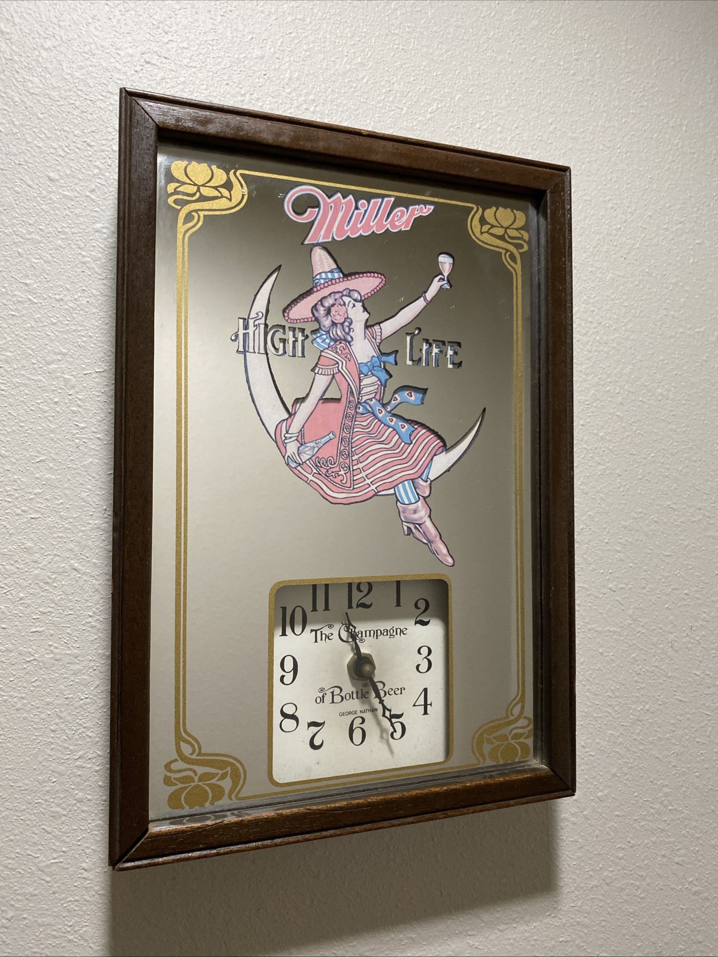 Vintage 1970's Miller High Life LADY ON THE MOON Mirror Clock George Nathan 13”