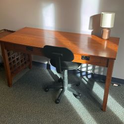 Large Desk With Two Drawers. Light Brown Wood.