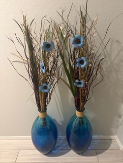 Pair of Large Blue Glass Floor Vases with Decorative Floral Arrangements
