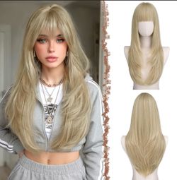 Blonde 24 inch Wig with Bangs Straight Cosplay or Daily Use Synthetic Hair