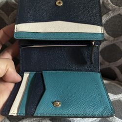 Michael Kors Leather Navy Blue Teal Wallet Trifold Credit Card Snap Closure Zip