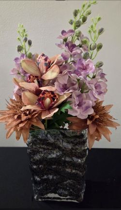 Glacier Vase w Dragon Blood Stone / Faux Delphinium, Orchids & Anenomes @ Lasting Creations