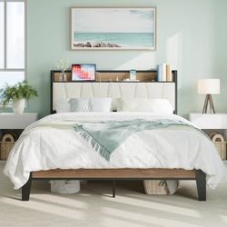 Queen Bed Frames, Storage Headboard with Charging Station, Solid and Stable, Noise Free, No Box Spring Needed, Easy Assembly, Wood and Cream