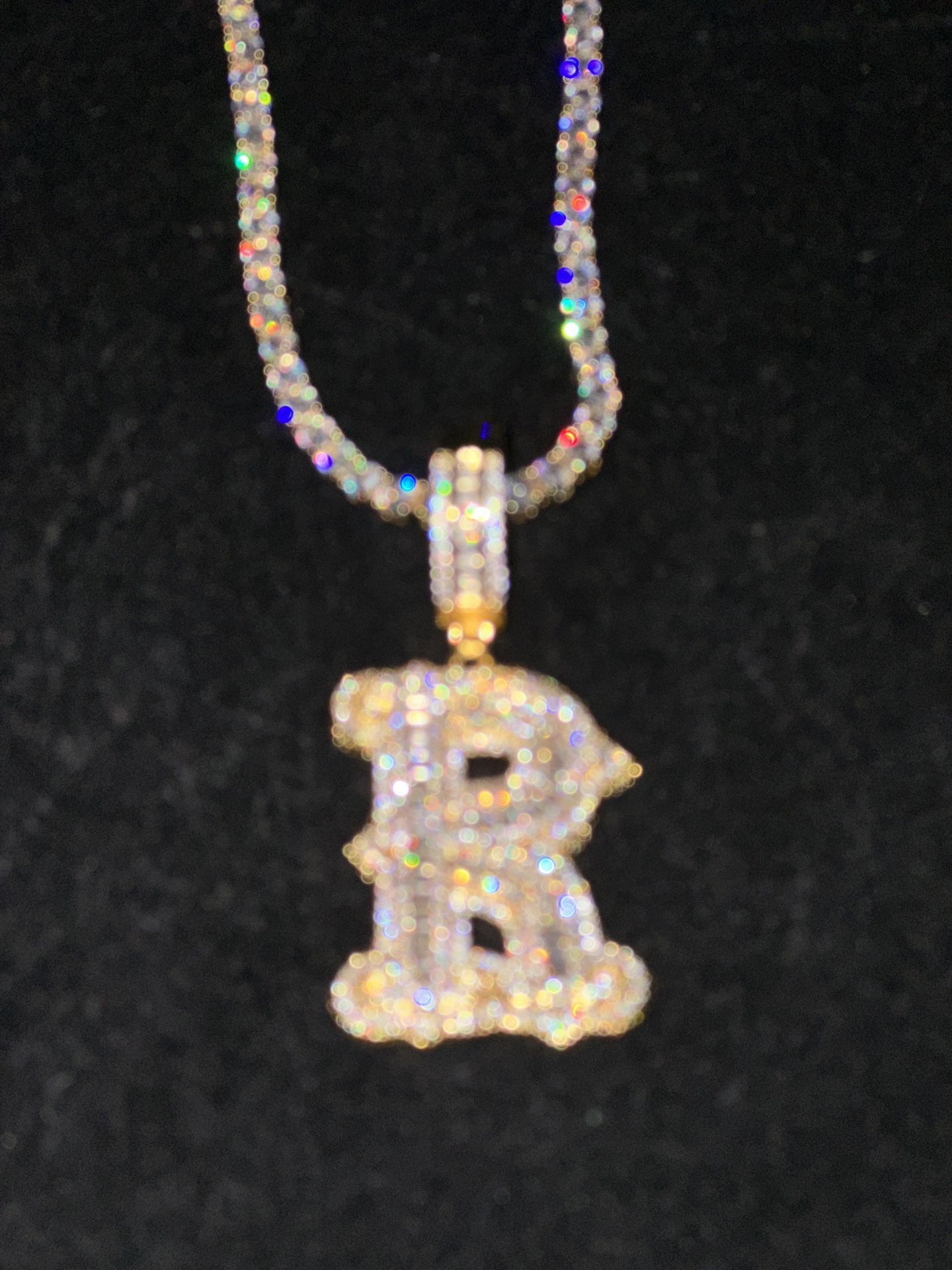 18 k Gold Plated R Pendant & 3 mm Tennis Chain