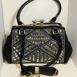 Black Leather/Suede DOUBLE BLING CLASP Embellished HANDBAG
