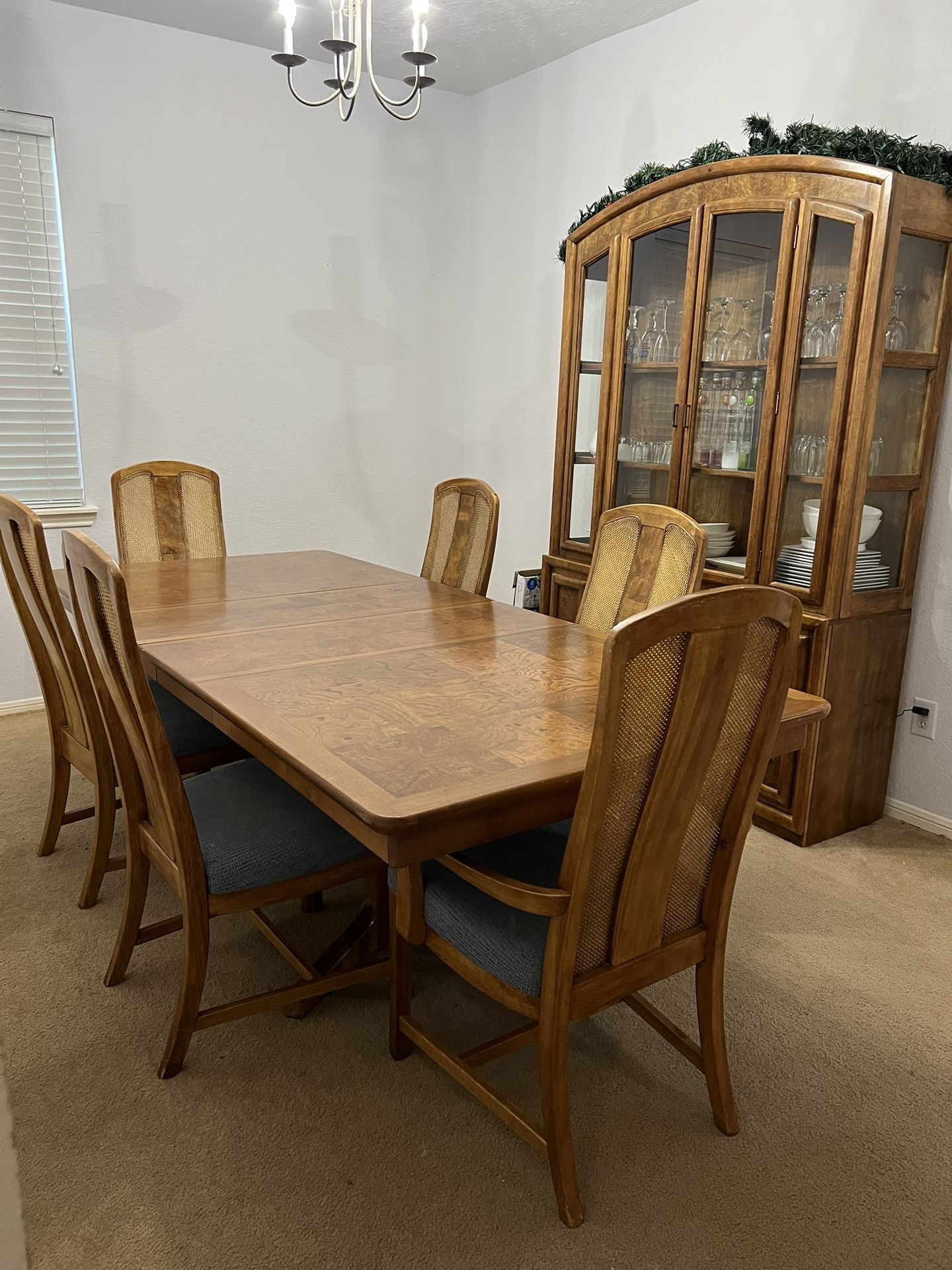 Elegant wooden china cabinet with glass doors and shelves & Dining table set 