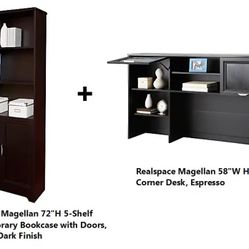 5-Shelf Contemporary Bookcase w/ Doors and Hutch for Corner Desk