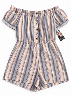 Off-Shoulder Striped Romper with Buttons
