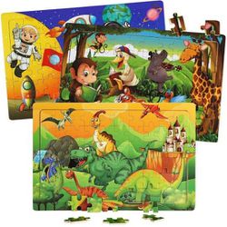 Montessori Wooden Puzzles Toys for Kids Ages 4-6, Set of 3 Packs with 60-Pieces Wood Jigsaw Puzzles, Dinosaur, Animal and Space Theme. Ideal Gifts
