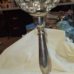 Tall Candle Holder With Silver Plate Base And Jewel Cut Glass In Wire Flower Pedals At Top 11 1/2 Inches Tall A66H002