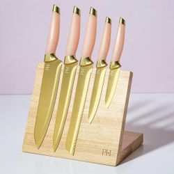 NEW Paris Hilton Knife Block Set W/ Magnetic Wooden Knife Block, High Carbon Stainless Steel !