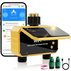 Sprinkler Timer, Solar WiFi Water Timer for Garden Hose, 2 Zone Water Sprinkler with Rain Sensor and Manual Mode via APP/Voice Control, Automatic Irri