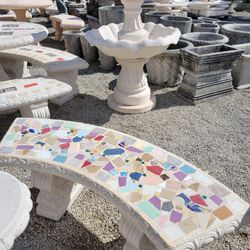 Concrete Mosaic Tile Inlay Curved Benches / Cement Garden Patio Bench / Outdoor Patio Furniture