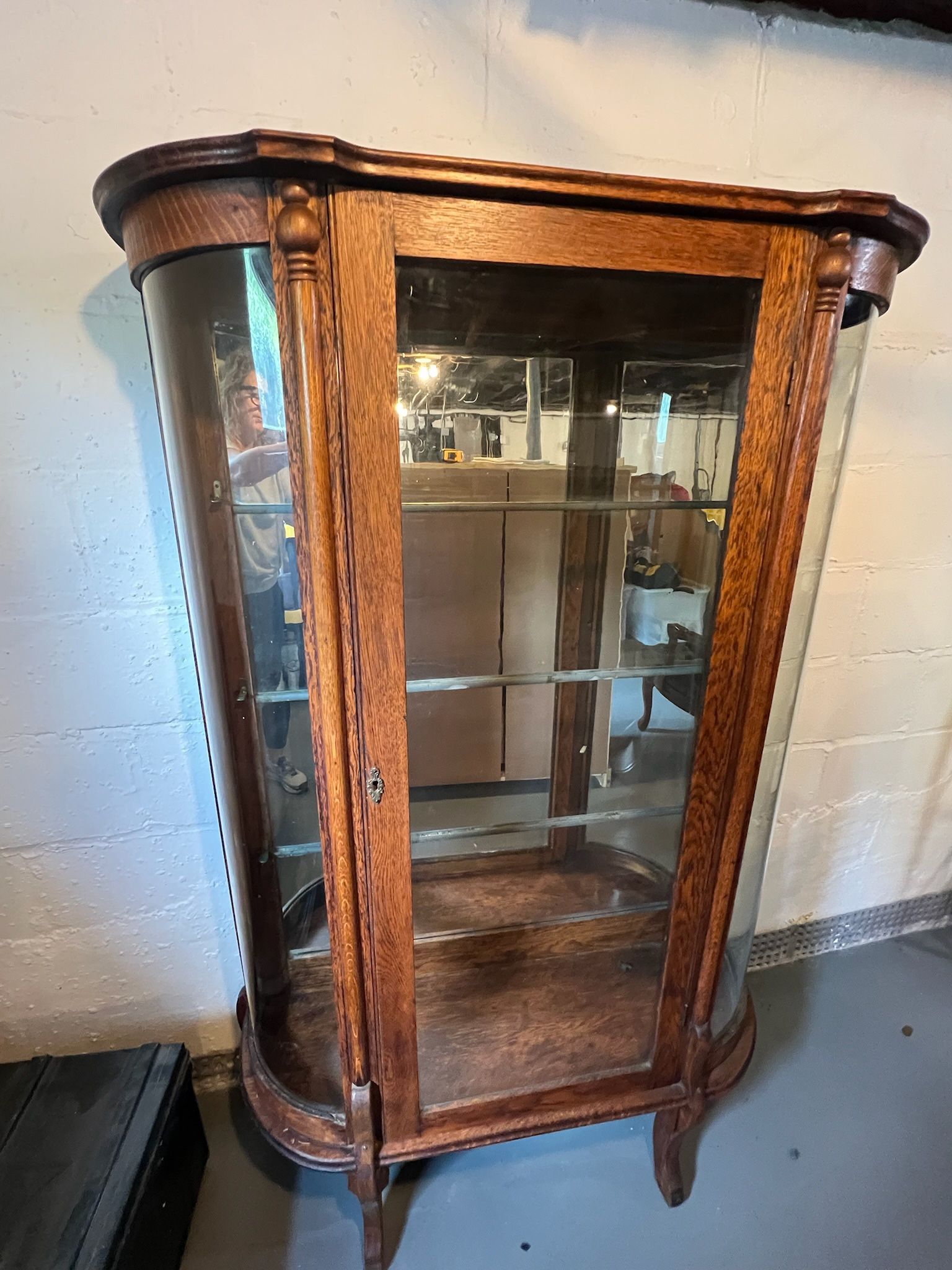 Antique China Curio Cabinet w/Mirrored Glass Shelves 3 Mirrored Glass shelves (all wrapped) Mirror back 40”w x 13.5”d x 61.5”h Smoke free household